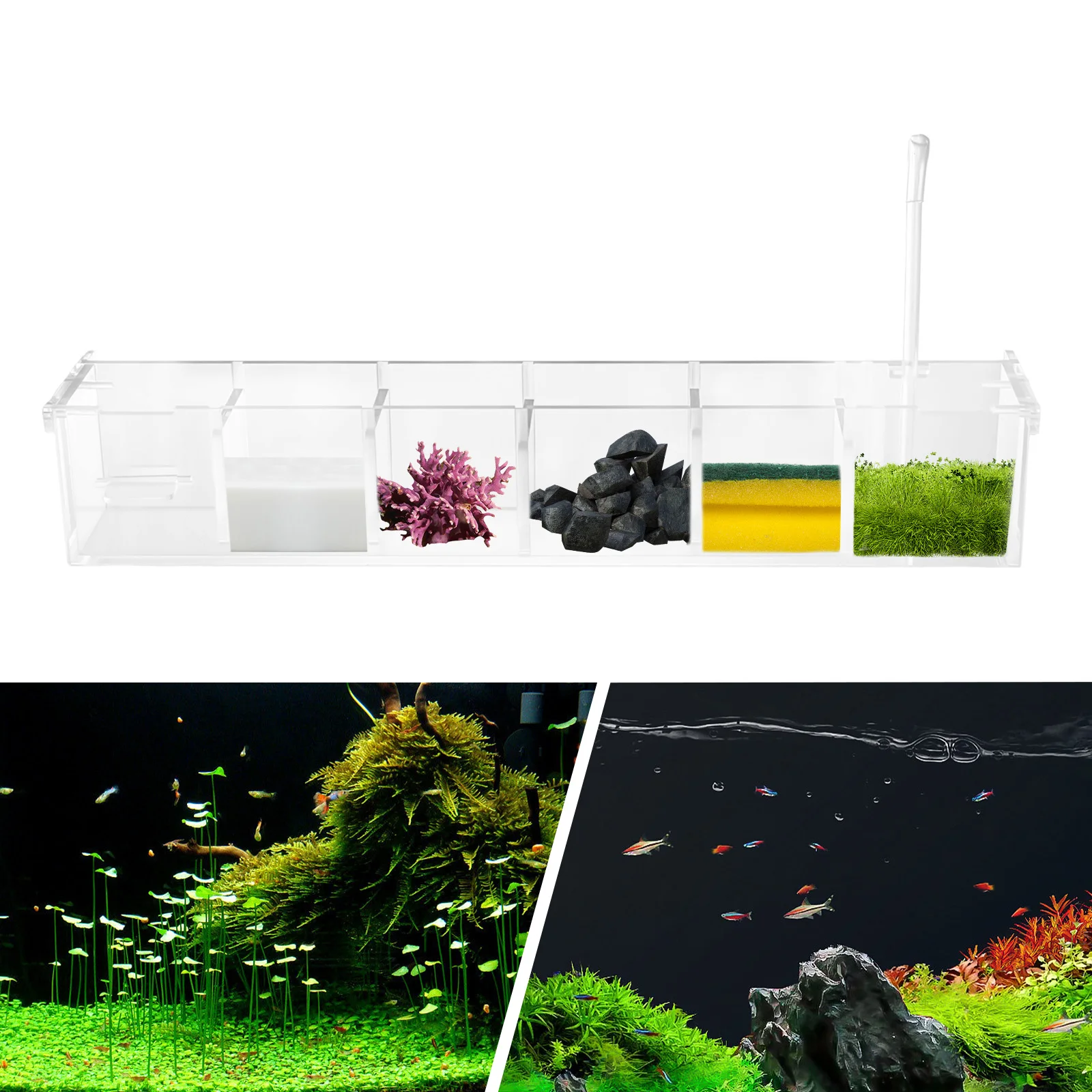 6-Grids Fish Tank Filter Box fits Fish Tanks or Aquariums with a Thickness of Less Than 10mm, Aquarium Accessories