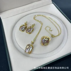 Natural Baroque freshwater pearl jewelry set 18K real gold color retention electroplating three-piece set French personality cro