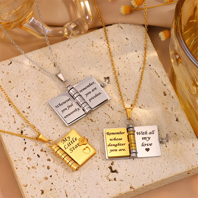 Custom Engraving Book Locket Pendant Necklace For Opening Photo Pictures DIY Clavicle Chain Neck Chains My Book Necklace