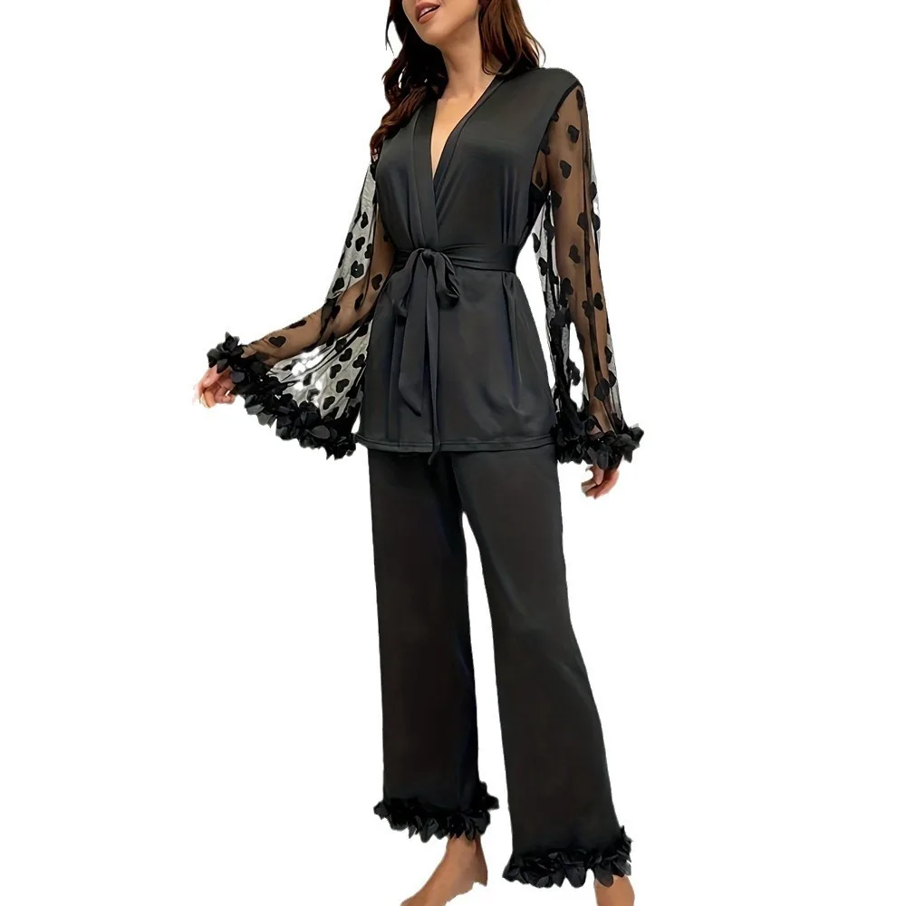 Conjunto de dos piezas informal de encaje para mujer, ropa de dormir, plones largos, ropa para el ar al aire libre, co...