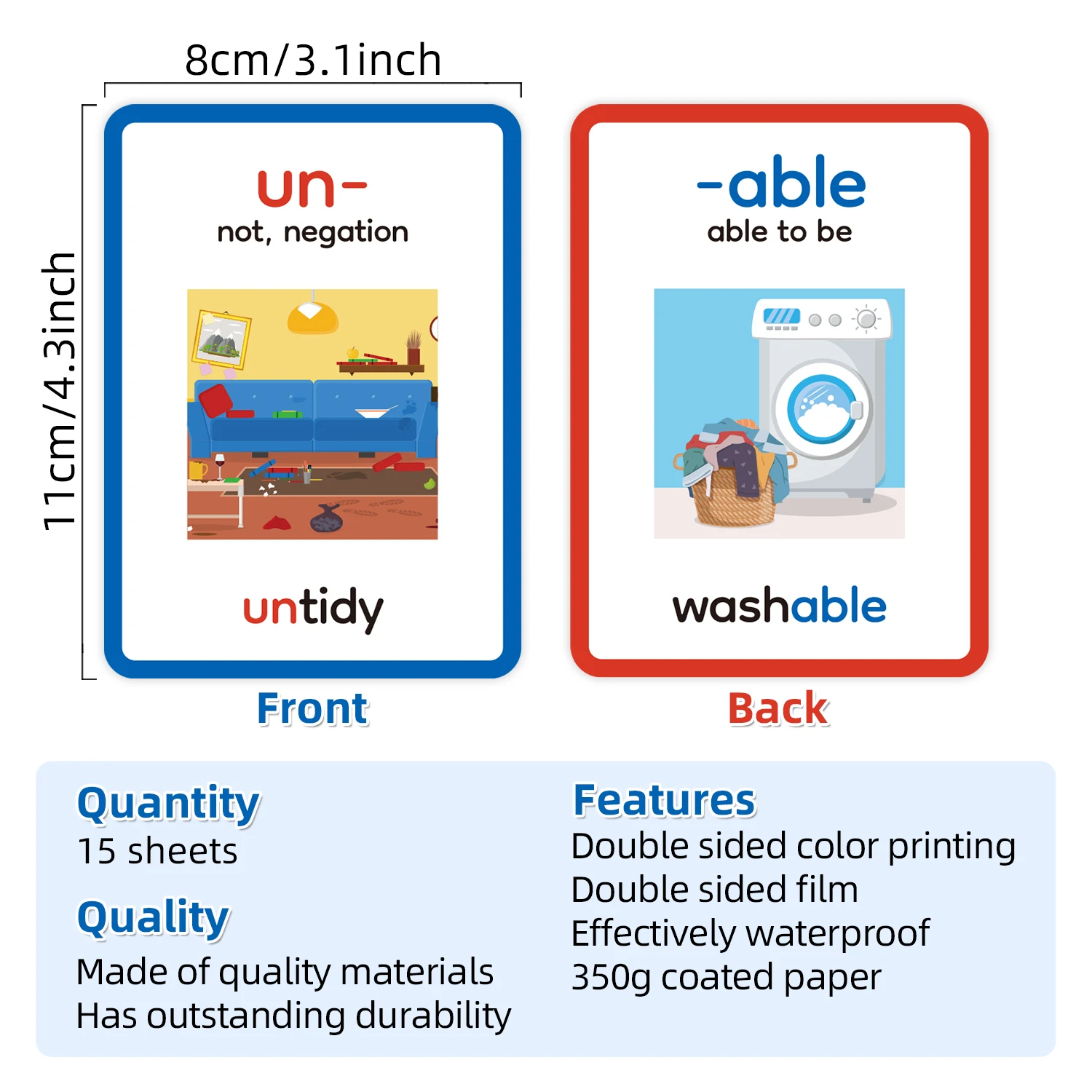 15pcs Double-Sided Prefixes and Suffixes Learning Flashcards,  Easily Master Word Formation, Ideal for Homeschool and Educators