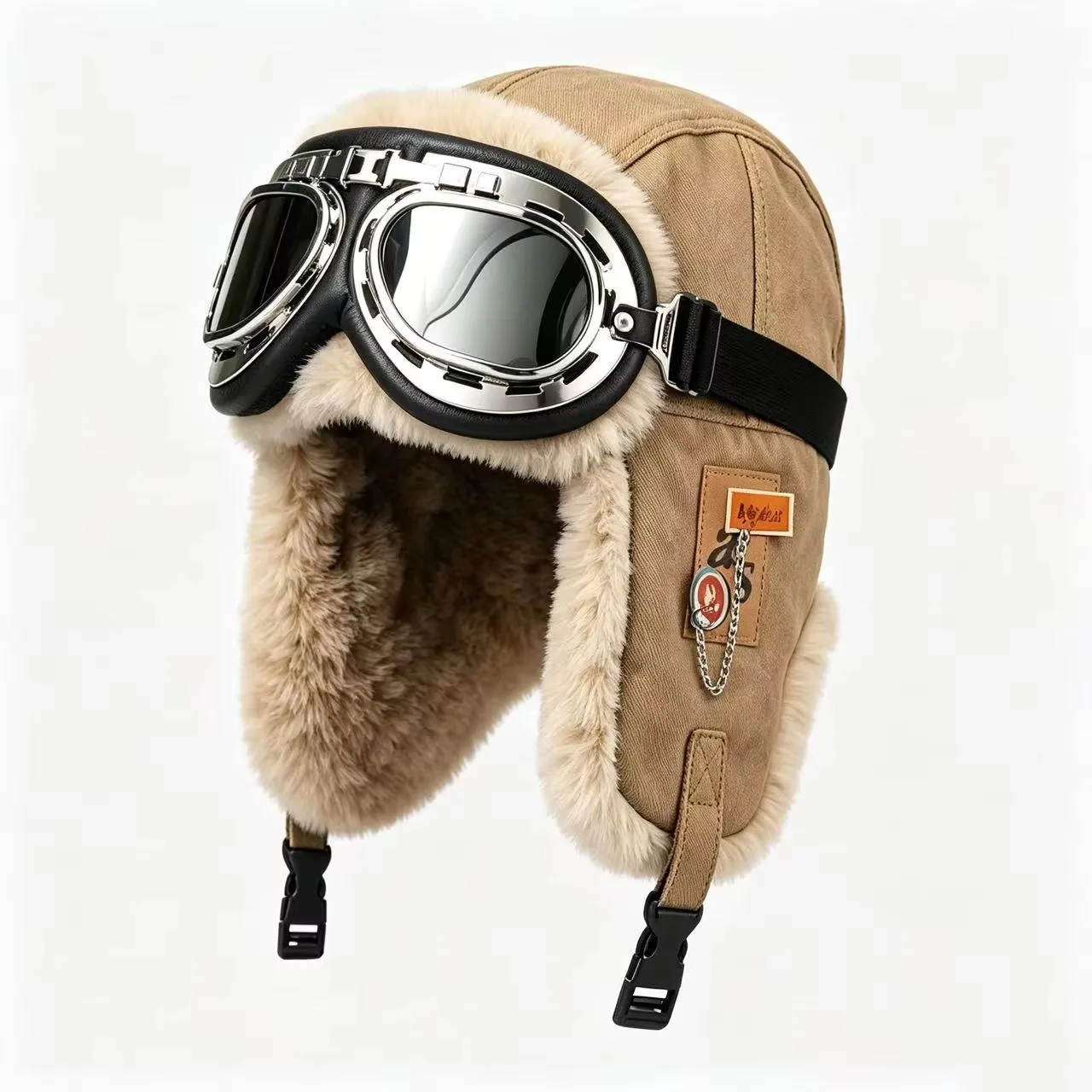 Men Winter ER Hat With Goggles Outdoor Motorcycle Windproof Warm Faux Fur Pilot Earflap Hat Leather Thermal Ushanka
