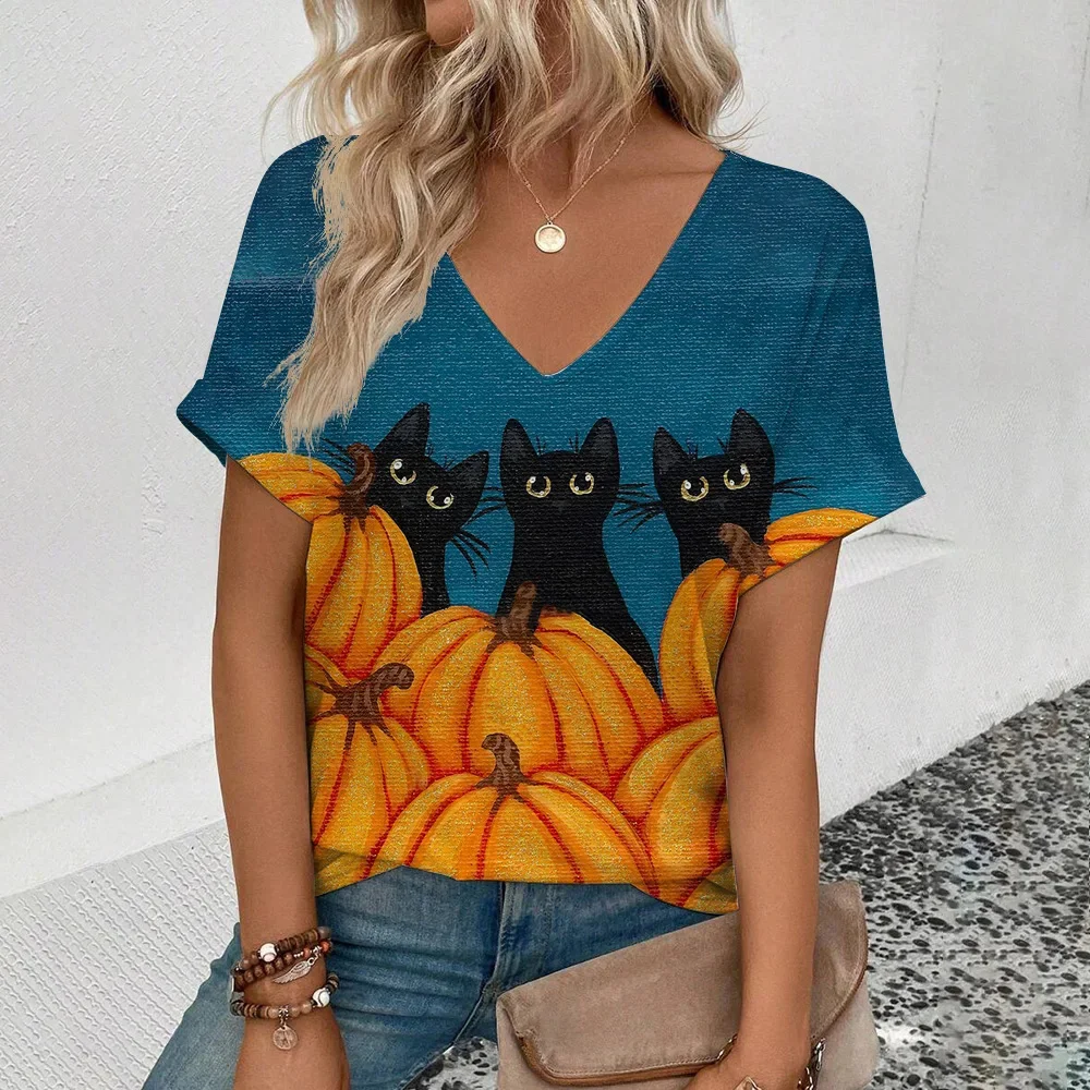 

Animal Women's T-Shirt Cartoon Abstract Cat 3d Print T-Shirt Harajuku Fashion Casual Short Sleeve Top V-Neck Oversized Clothing