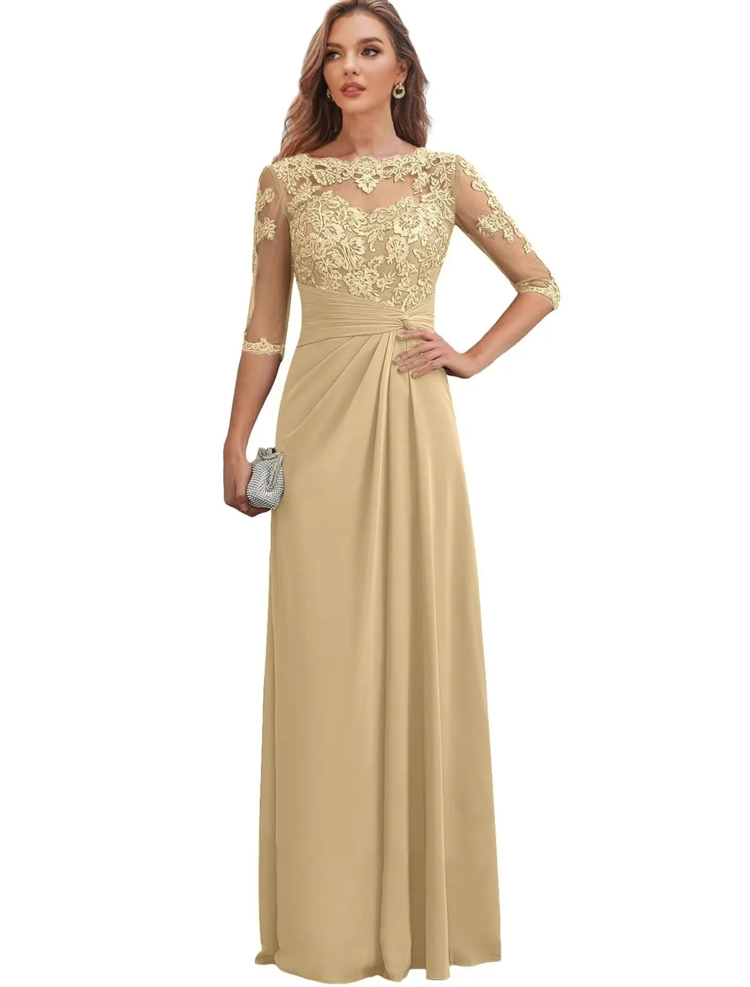 QMANSHA Blumen-Applikation Chiffon Maxikleid Damen Dreiviertelärmel Gedrehte Taille Afrikanisches Kirchen-Hochzeitsgast Formelles Kleid – Detail 6