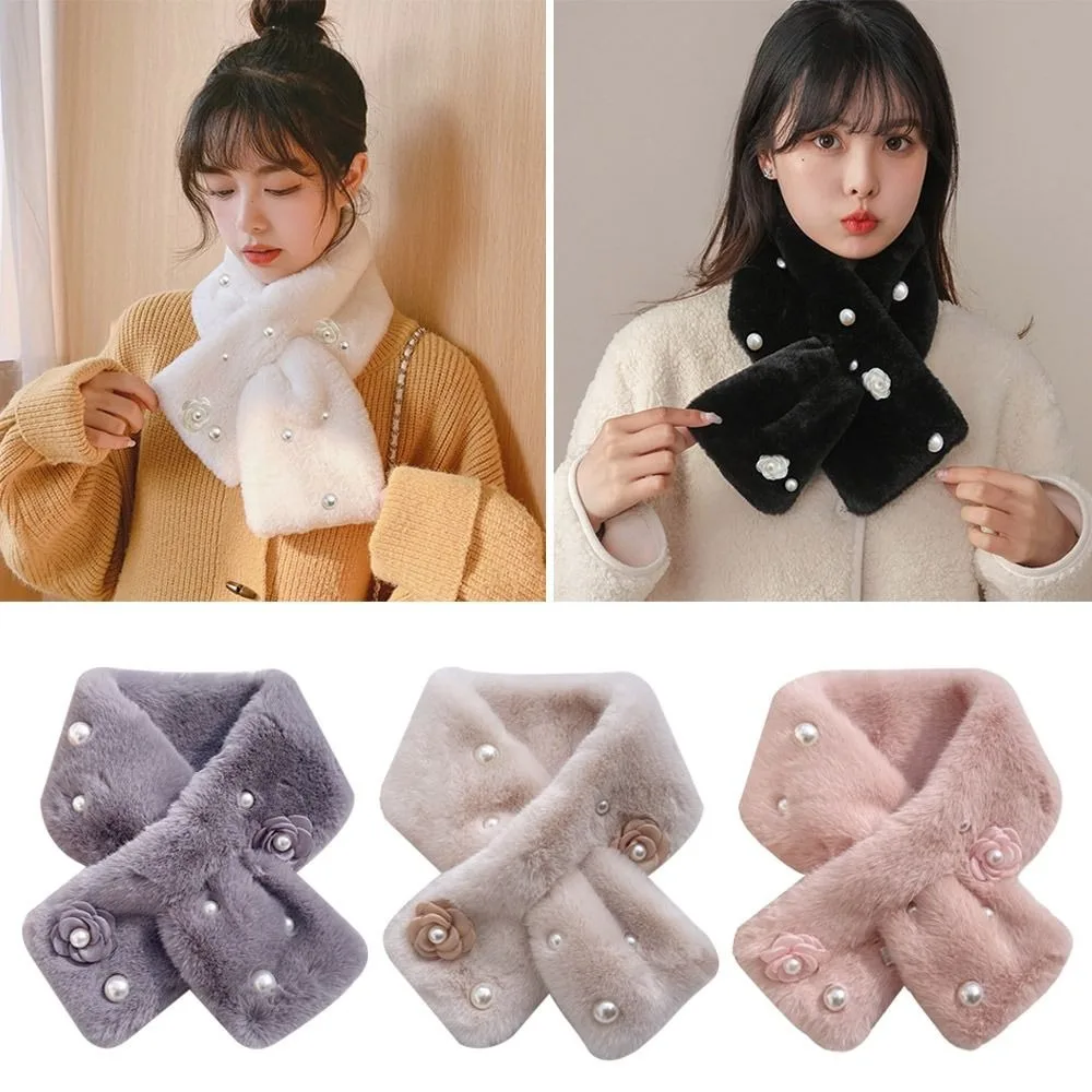 New Thickened Faux Rabbit Fur Scarf Warm Solid Color Cross Neck Scarf Pearl Windproof Furry Scarves Women