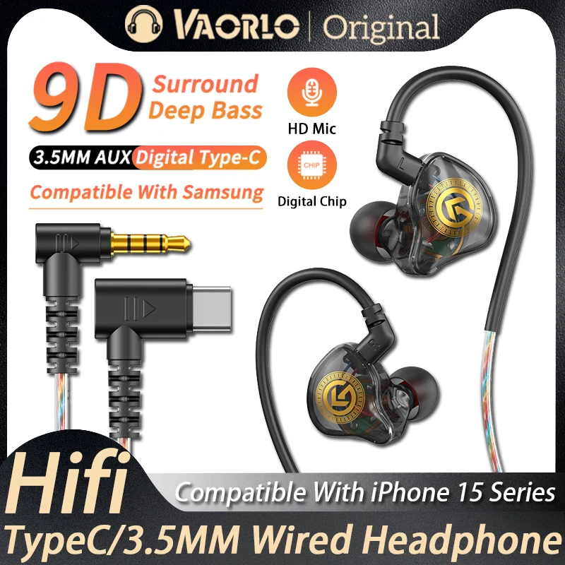 New 9D Super Bass In Ear Headphone Wire-Controlled With Mic 3.5MM AUX/Type-C Digital Chip Headset For iPhone 15 Android Samsung