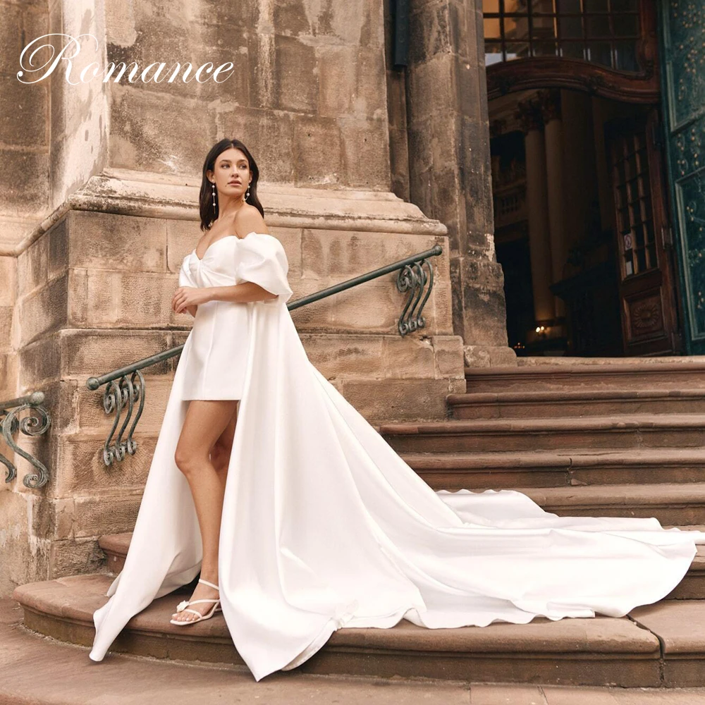 Nowoczesna suknia ślubna w kształcie litery A z dekoltem w serek, plisami, odpinanym trenem, satynowa, z odkrytymi plecami, długość nad kolano, suknia ślubna Vestidos De Novia, możliwość personalizacji.