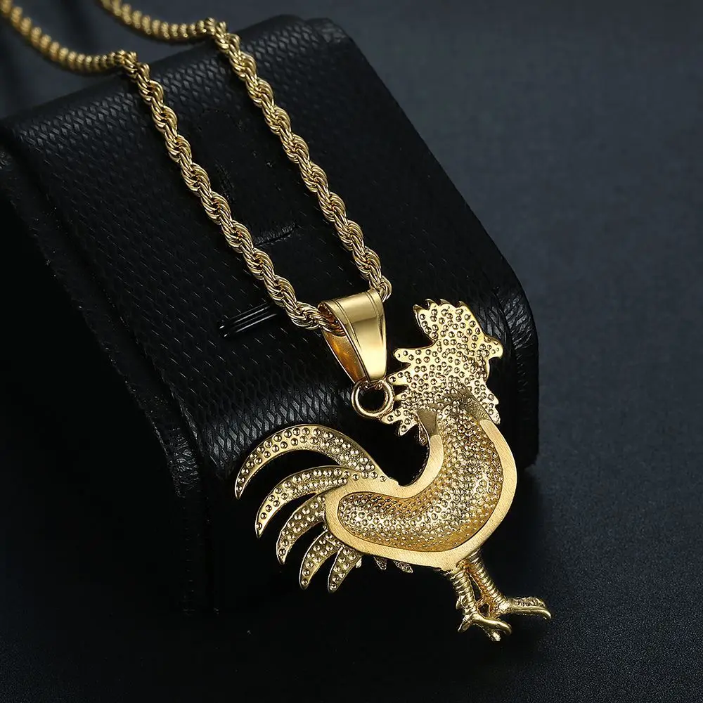 Stainless Steel Titanium Hip Hop Bling Chicken Cock Animal Pendant Collar Chains Punk Necklace for Men Women Gift Jewelry