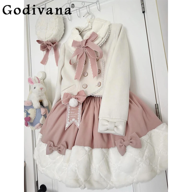 Pink Cute Sweet Coat and Skirt Lolita Outfit Autumn Winter Women Lolita Skirt Suits for Daily Wear Female Japanese Princess Set