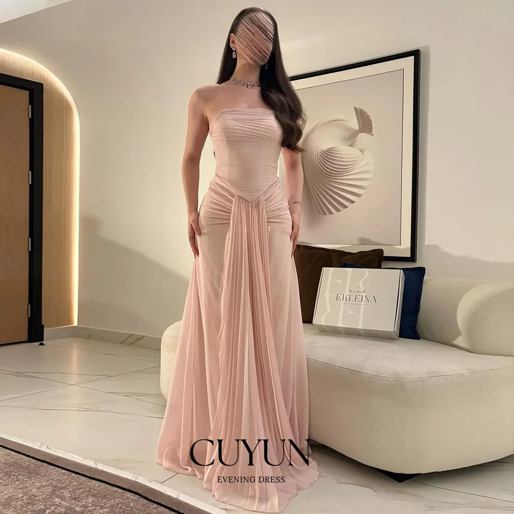 CUYUN Customized Pink A Line Chiffon Maxi Evening Dress Strapless Pleated Saudi Arabic Prom Dress Dubai Party Gown