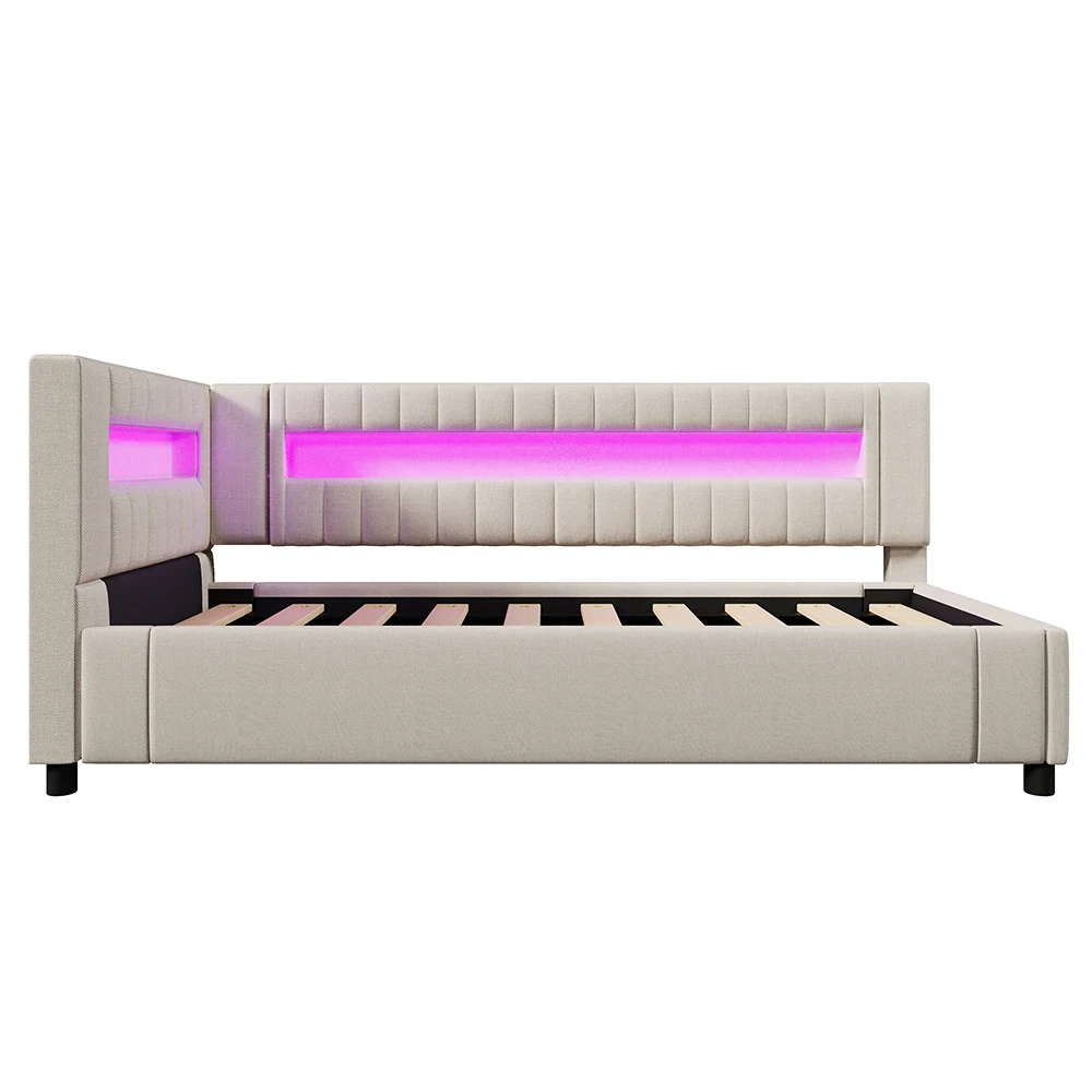 KOMHTOM Daybed Slaapbank 90x200 cm met LED-lichtbalk hydraulische opbergruimte USB + TYPE-C Connectors Linnen Zonder Matras