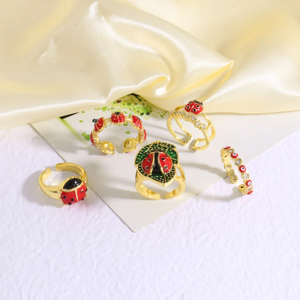 OCESRIO Red Enamel Ladybug Statement Women Rings Copper Gold Plated Crystal Leaves Open Ring Women Fashion Jewelry rigj07