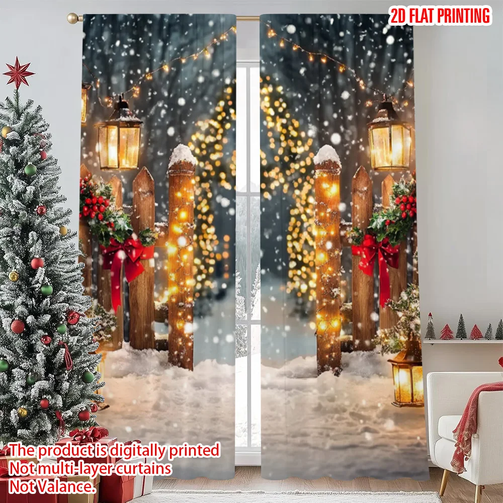 

2pcs 2D flat printing Christmas Party Curtain Christmas tree wreath red bow bell Versatile Polyester Without Electricity Party