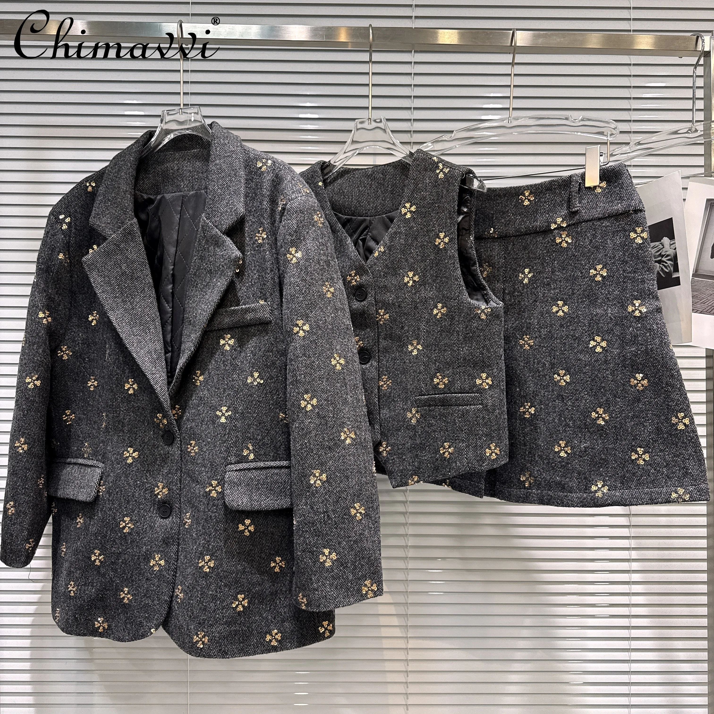

French Elegant Commuting Sequin Floral Woolen Blazer Single-Breasted Vest High-Waist Pleated Short Skirt Three-Piece Set Women