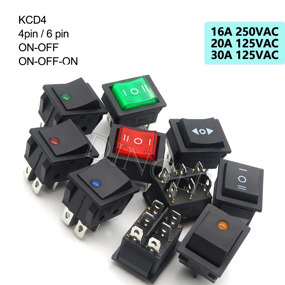1PCS 220V LED rocker switch button 16A 30A 250VAC 20A rocker switch KCD4 4PIN 6PIN 2/3 position ON-OFF Mini with light cat-eye