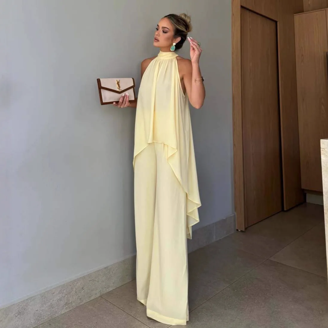 Pants Suit Women Asymmetrical Top Wide Leg Trousers 2 Piece Sets Sleeveless Blouse Ensemble Office Lady Outfits Summer 2026