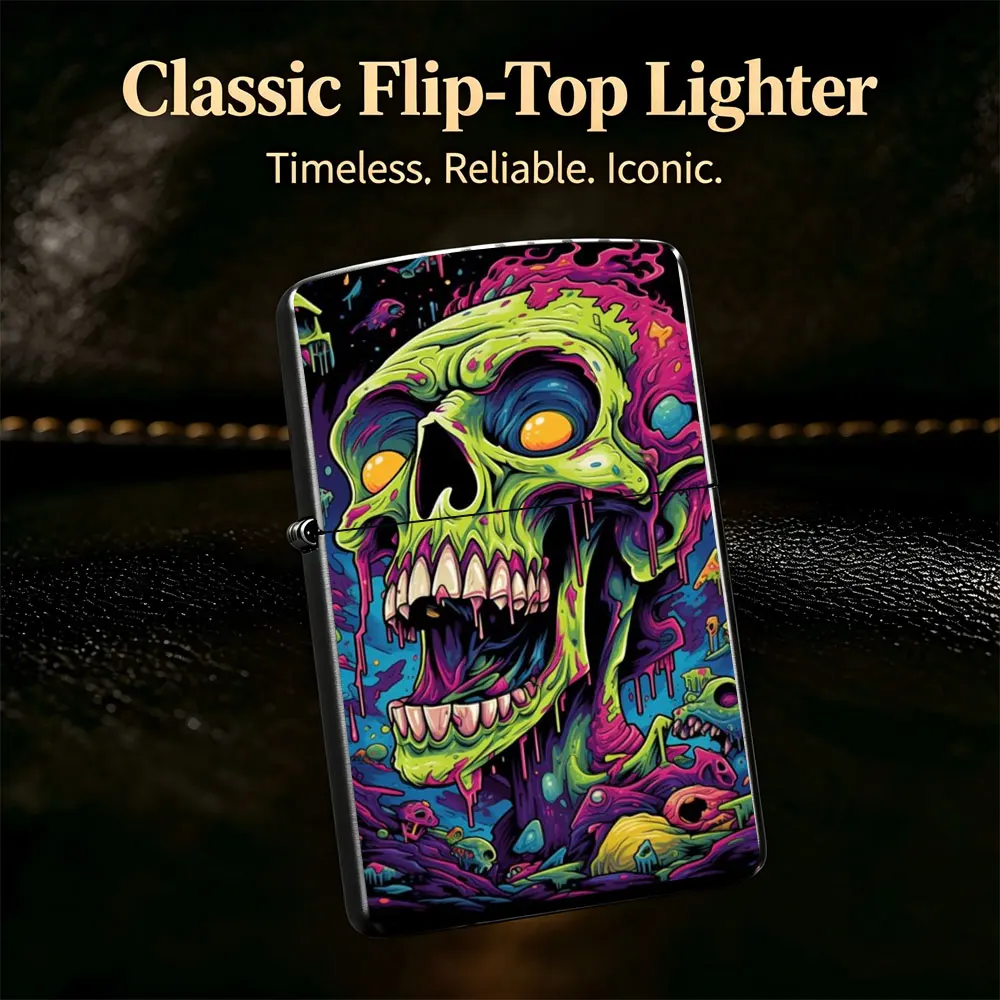 Pocket Lighter, Flip-Top Windproof Design, Metal Case, Psychedelic Skull with Glowing Eyes & Green Face Print, Comfortable Grip, Adjustable Flame, Portable & Durable