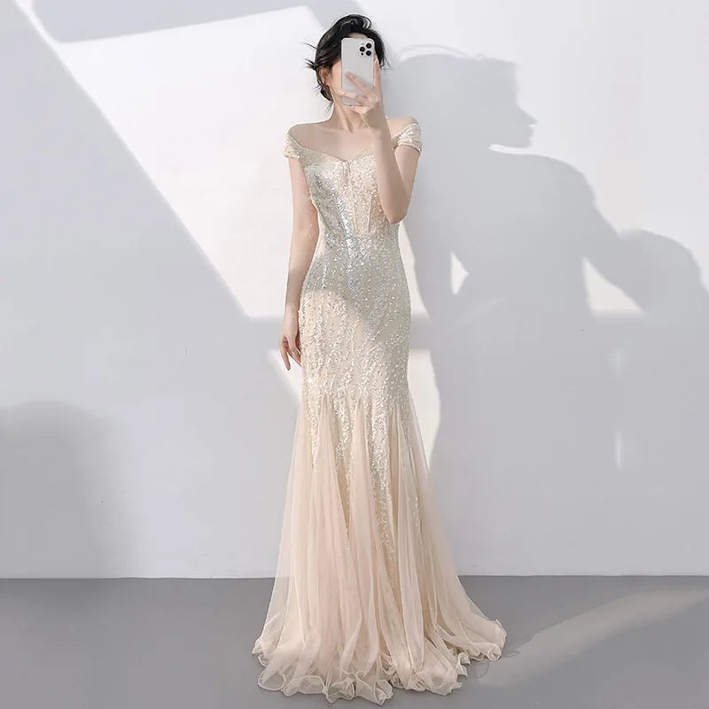 

Вечернее платье цвета шампанского «рыбий хвост» для женщин, 2026, новые лоскутные вечерние платья с пайетками, летние сверкающие платья для выпускного вечера на одно плечо