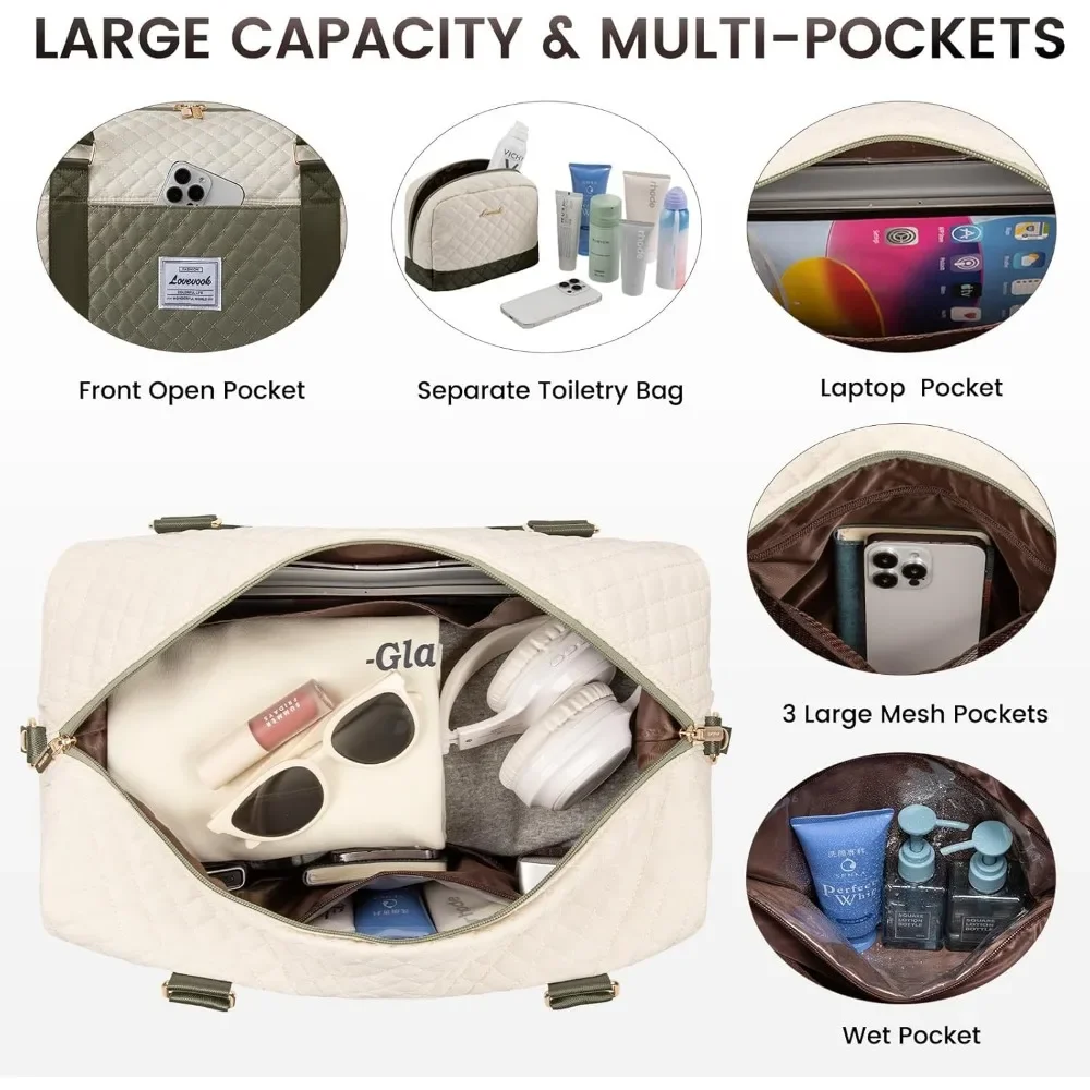 حقيبة سفر نسائية لعطلة نهاية الأسبوع مع حجرة للأحذية، قابلة للحمل بين عشية وضحاها لصالة الألعاب الرياضية وأساسيات أدوات الزينة #3