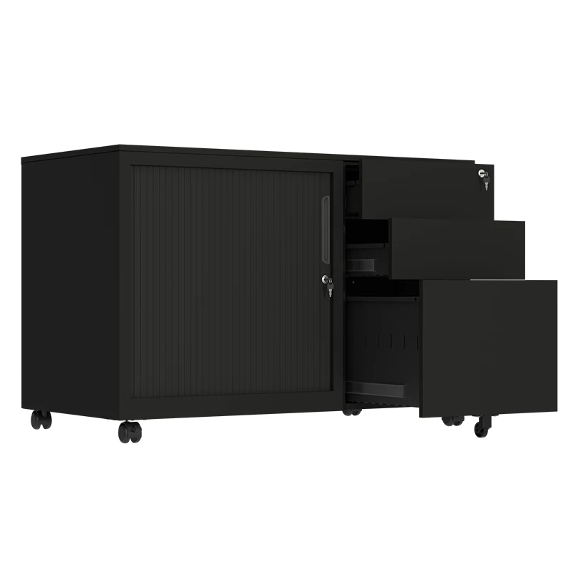 ！@Low Hight Rolling Tambour Door File Cabinet Steel Mobile Caddy Pedestal 3 Drawer Storage Steel Office Storage Cabinet