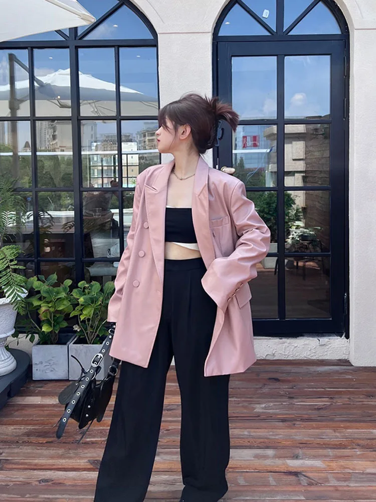 

Women Fashion Faux Leather Jacket Loose Blazer 2023 Spring Autumn Pink Print PU Leather Coat Female Outerwear Chic