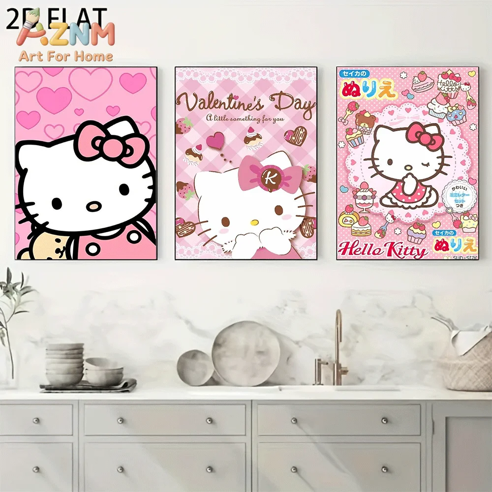 AZNM Sanrio Hello Kitty Canvas Wall Art Unframed Cute Cartoon Pink Heart Valentine Dessert Theme Character Print Painting Girls