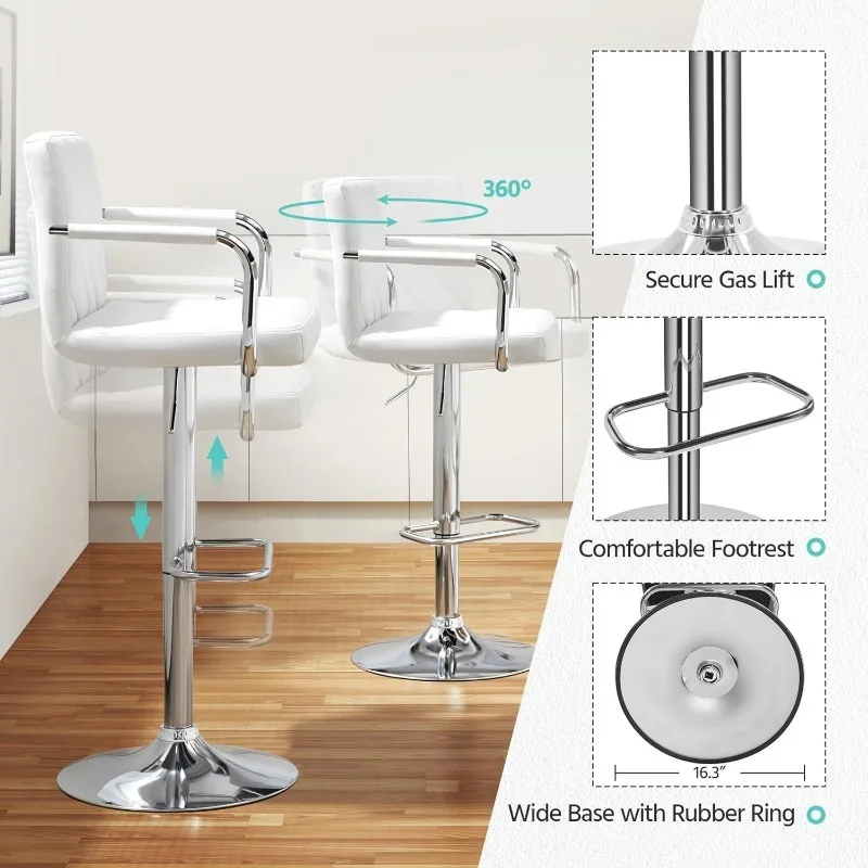 Zestaw 4 stołków barowych, obrotowe stołki barowe z regulacją wysokości, stołki barowe na wyspę kuchenną, białe krzesła