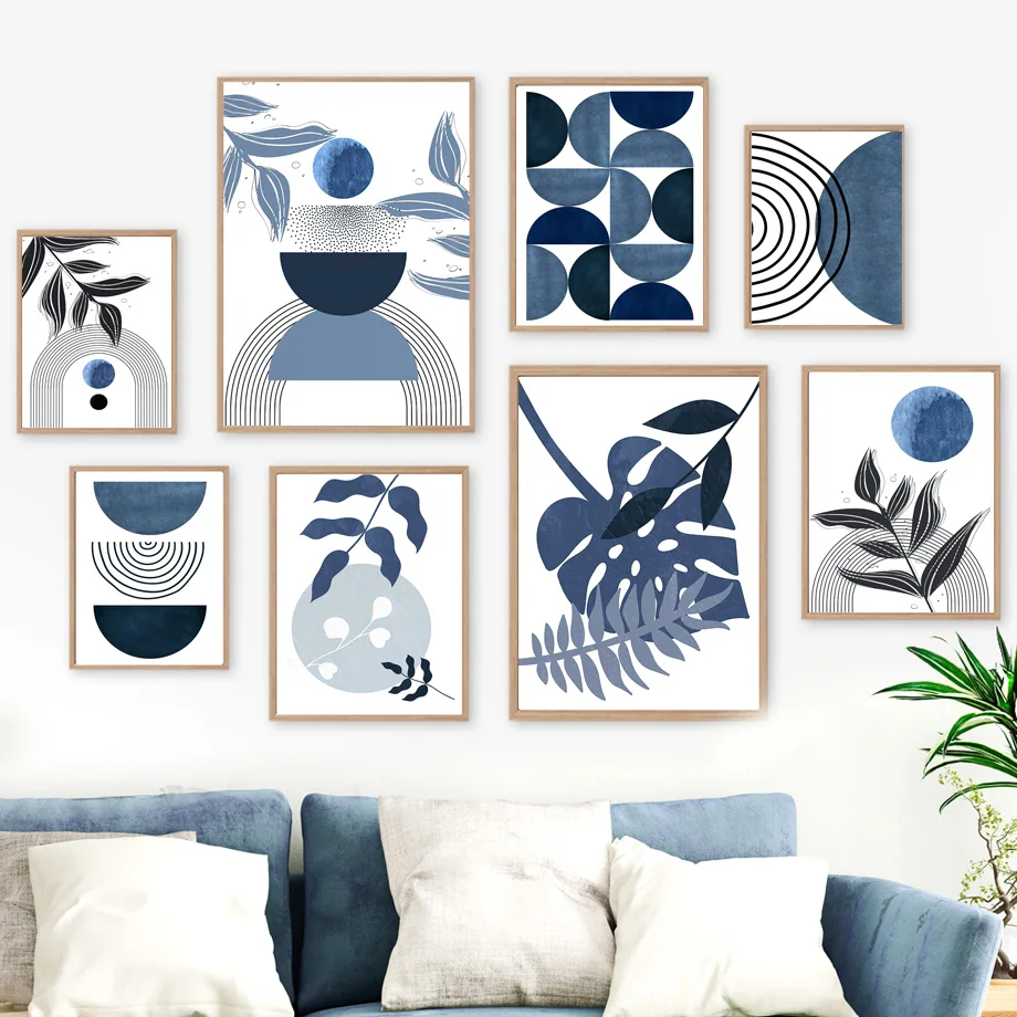1pc frameless Canvas Painting Boho Blue Abstract Poster Print Mid Century Geometry Leaf Line Rainbow Wall Art Monstera Leaf Canv