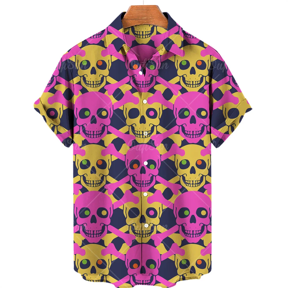 Hawaiihemd mit Totenkopf-Print, kurzärmelig, locker geschnitten, atmungsaktiv, Hip-Hop-Stil, schnelltrocknend, bequemes Herrenhemd für den Strand – Detail 16