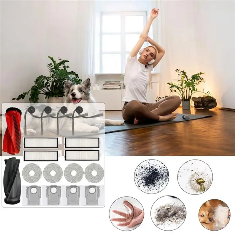 Kit de pièces de rechange DT25 pour Roborock Qrevo Curv, 1 brosse rotative, 4 brosses latérales, 4 filtres HEPA, 4 lingettes de nettoyage, 4 sacs à poussière