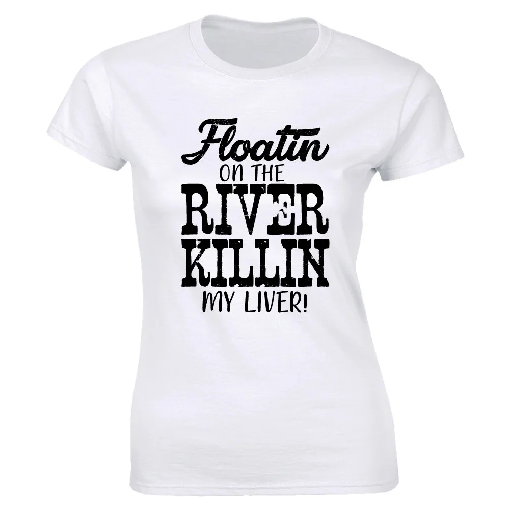 Camiseta para mujer con estampado de mujeres flotando en el río, divertida camiseta para viajes y vacaciones