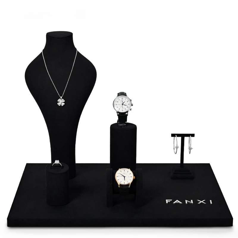 Jewelry Display Stand Microfiber Necklace Earrings Watch Ring Counter Display Set Black