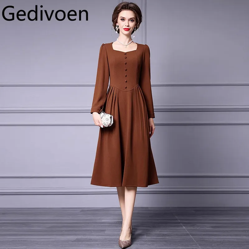 

Gedivoen Autumn Winter Women's Dress Square-Neck Long-Sleeved Commuter High Waiste Office Work Solid Color Dresses