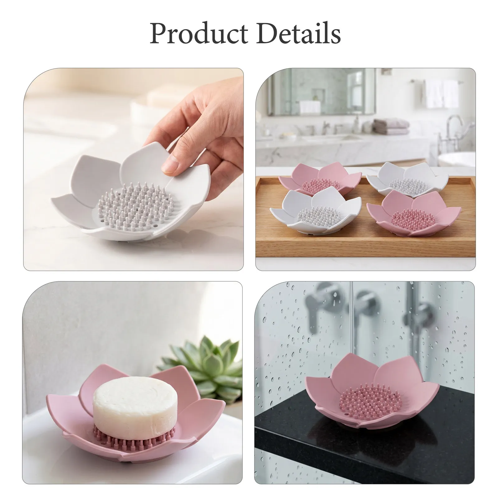 4Pcs Lotus Shaped Silicone Soap Dish Non Slip Bathroom Soap Holder Drainable Shower Kitchen Drying Tray Camping Essentials