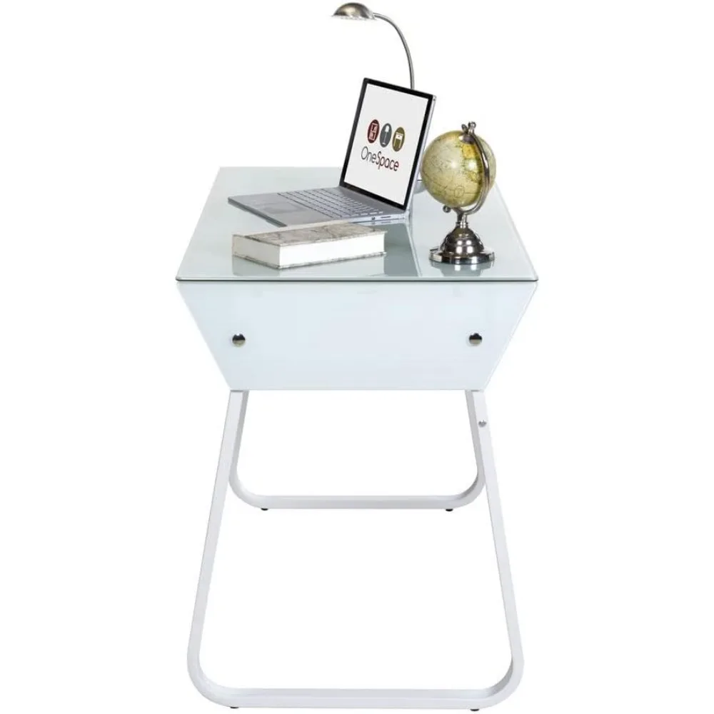 Bureau d'ordinateur ultramoderne en verre, blanc moyen, avec égouts de proximité