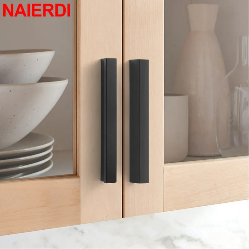 NAIERDI T Bar Long Cabinet Handles Black Gold Aluminum Alloy Kitchen Cupboard Pulls Furniture Handle Drawer Knobs Hardware