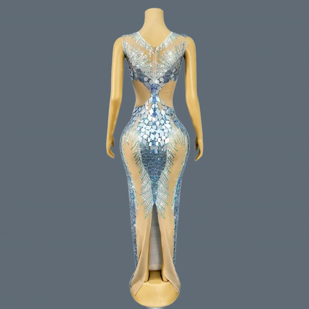 ชุดราตรีผ้าตาข่ายสีเงินประดับกระจกและคริสตัลวิบวับ ชุดราตรียาวเซ็กซี่สำหรับงานพรอม ดีไซน์หรูหราไร้แขน ชุดราตรีระดับไฮเอนด์ ยี่ห้อ Shuilanhua