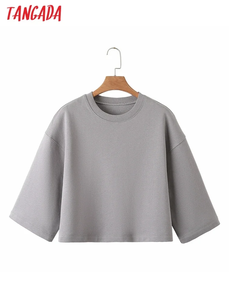 Tangada 2023 New Women Cotton Cropped sweatshirt Oversized Short Sleeve Hoodies Sweatshirt Tops 6L56X