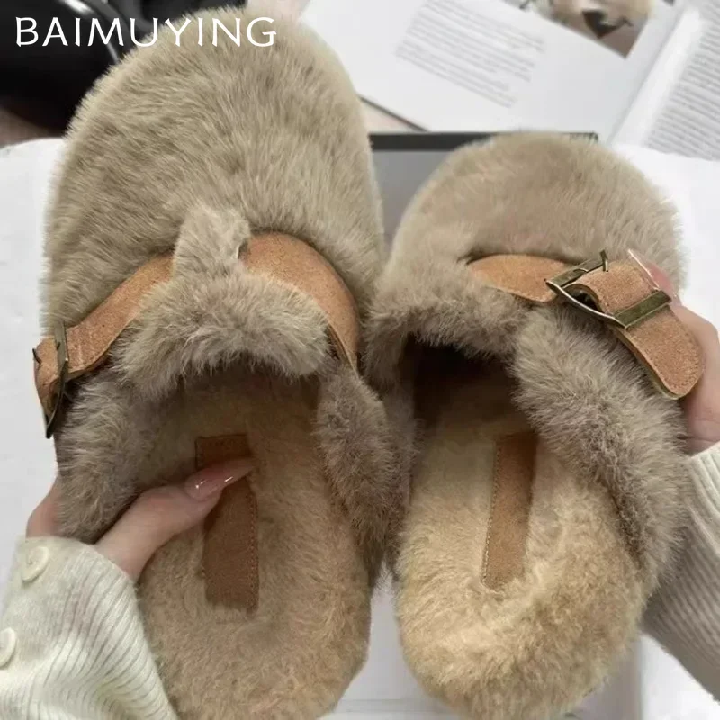 Fluffy Slippers Women Fur Warm Flats Cotton Shoes Woman 2025 Trend Winter Short Plush Mules Shoes Brand Casual Snow Botas Mujer