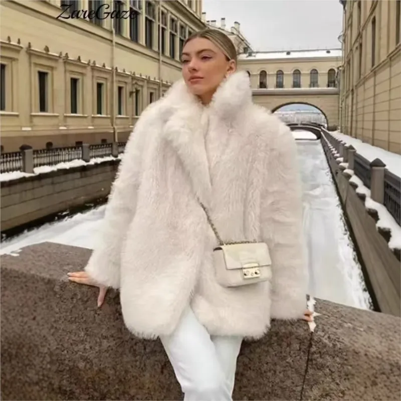 Fashion Cropped Faux Fur Coat Plush Fluffy Winter Women Jacket Front Snap-button Female Outerwear Chic Lapel Thick Coat Clothes