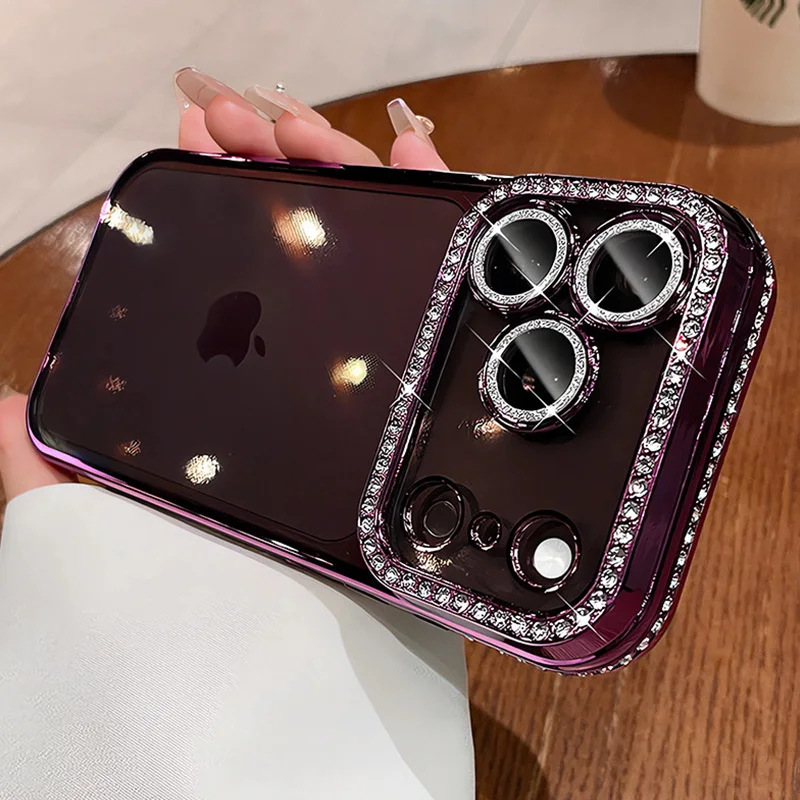 Luxuriöse Bling-Kristall-Linsenschutzfolie Handyhülle für iPhone 11 12 13 14 15 16 17 18 Pro Max Plus Air Stoßfeste Silikon-Bumper-Hülle – Detail 8