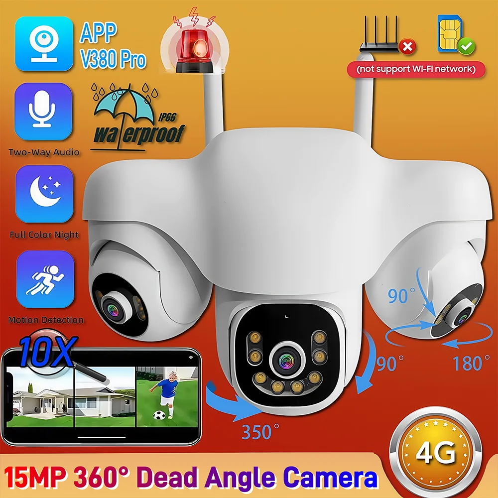 

15MP HD Three Lens PTZ 4G IP Camera Outdoor 3- Screen Cameras Audio Human Detection Waterproof CCTV Video Security Surveillanc