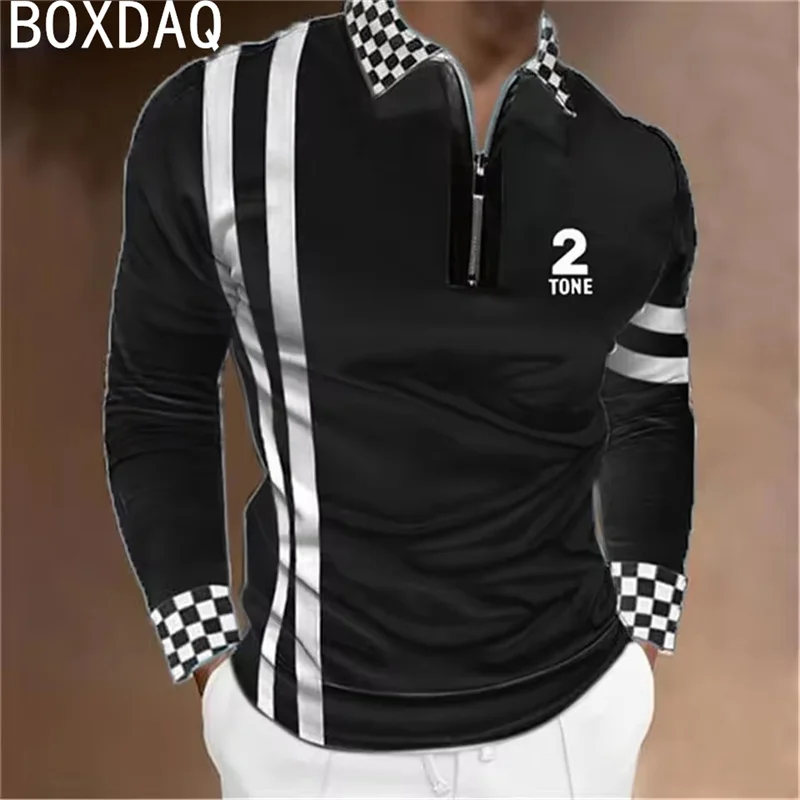 2025 Spring Men's New Polo Shirt Basic Simple Style Shirts 3D Plaid Stripe Printed Long Sleeve Lapel Blouse Plus Size Men Polos