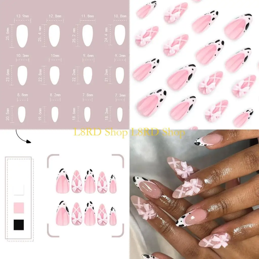 

L8RD 24 PCS Короткие миндальные фальшивые ногтя сладкие лаки искусственные французские наконечники на ногте на глянце
