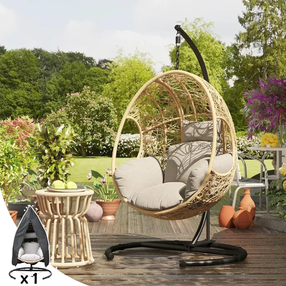 

Hanging Egg Chair w/ C-Stand, Oversized Wicker Swing Hammock Chair w/ 8" Thick Seat Cushion & Dust Cover, Heavy Duty Steel Frame