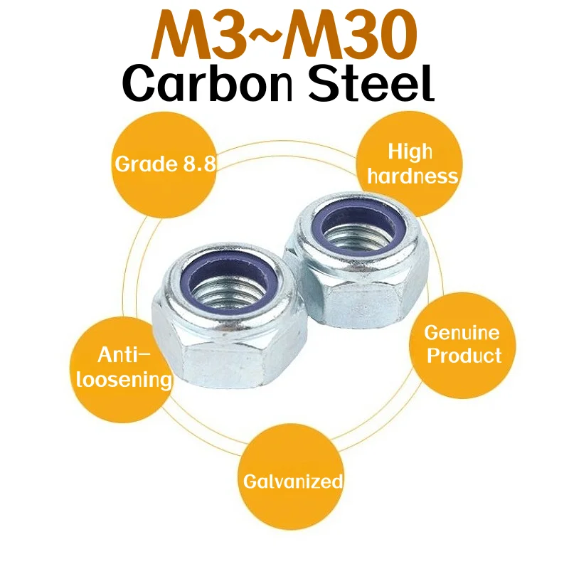 M3 M4 M5 M6 M8 M10 M12 M14 M16 M18 M20 M24 M27 M30 Blue Zinc Carbon Steel Nylon Lock Nut Insert Hex Self-pressing Nut 8.8 Grade