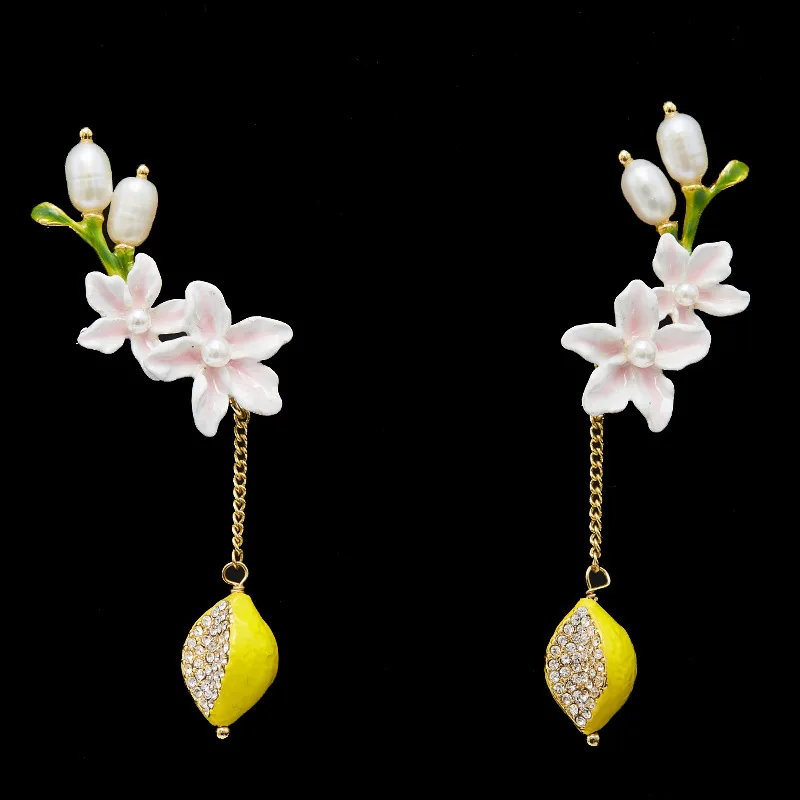 Cute Enamel Glaze Yellow Lemon Fruit White Flower Freshwater Pearl Rhinestone Crystal Statement Dangle Earrings for Kids Women