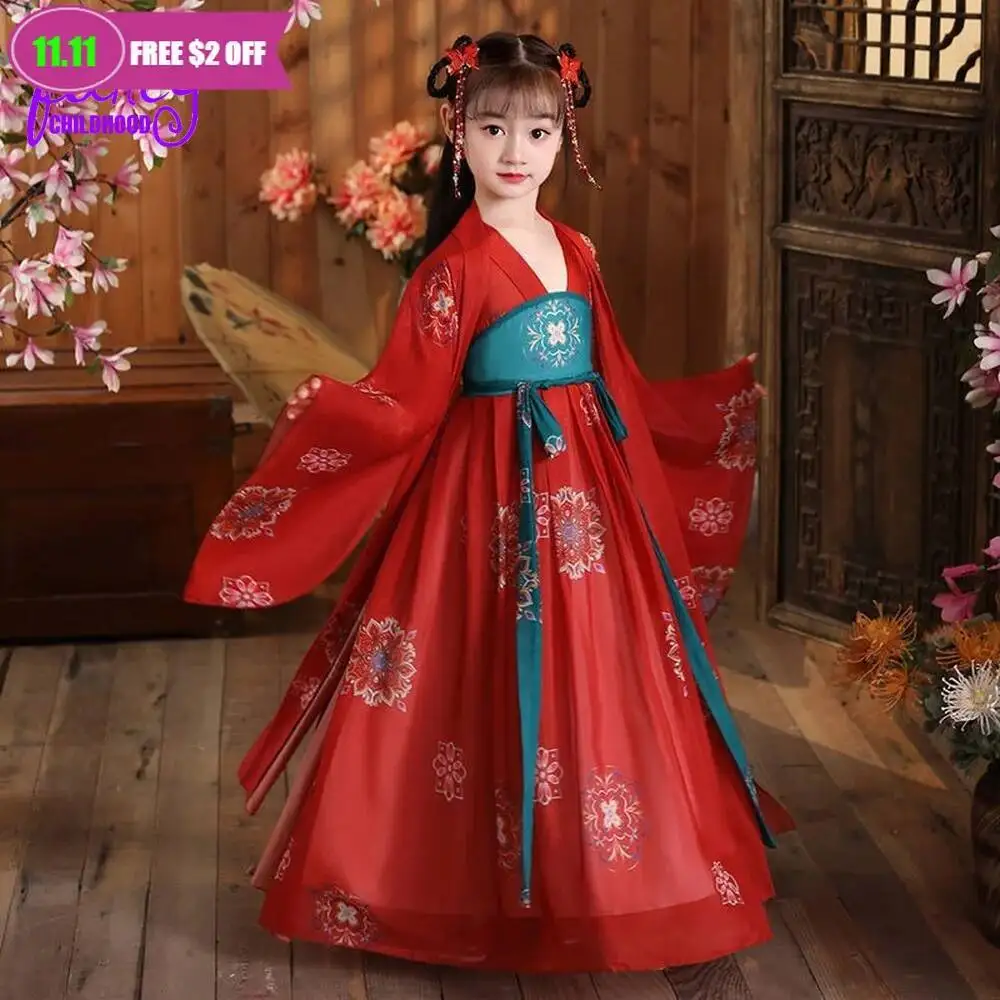 

Древний китайский супер фея для девочек Hanfu, детский костюм Тан, костюм, платье принцессы в китайском стиле, сценическое платье