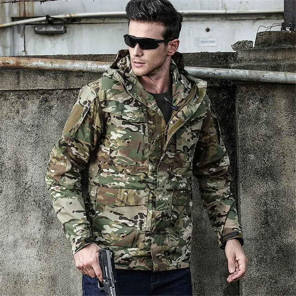 M65 Tactical Combat Jacket Windbreaker Outdoor Waterproof Camouflage Hooded Jacket Men Multipocket Commuting Hiking Hunting Coat