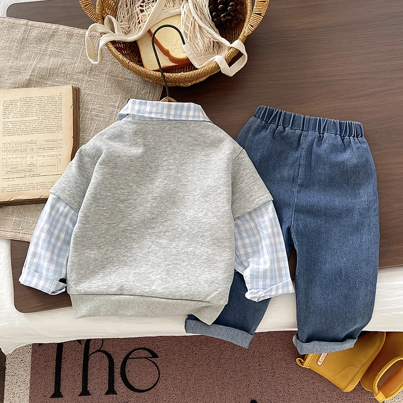 Baby Boy 2Pcs Outfit,Cartoon Dog Fake Two‑Piece Polo Sweatshirt+Denim Pants,Spring Autumn Kids Set